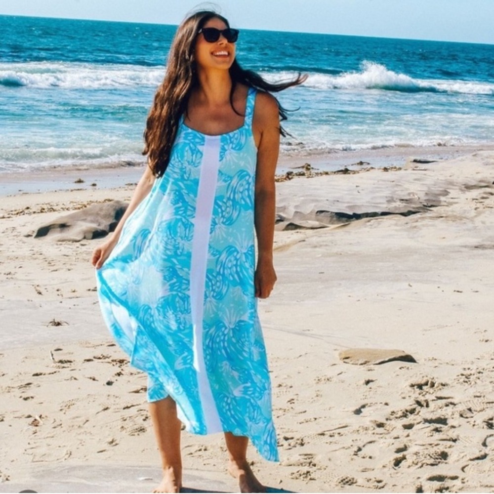 Lilibridge Blue Palm Leaf Print Midi Dress White‎ Panel Beach Cover Up